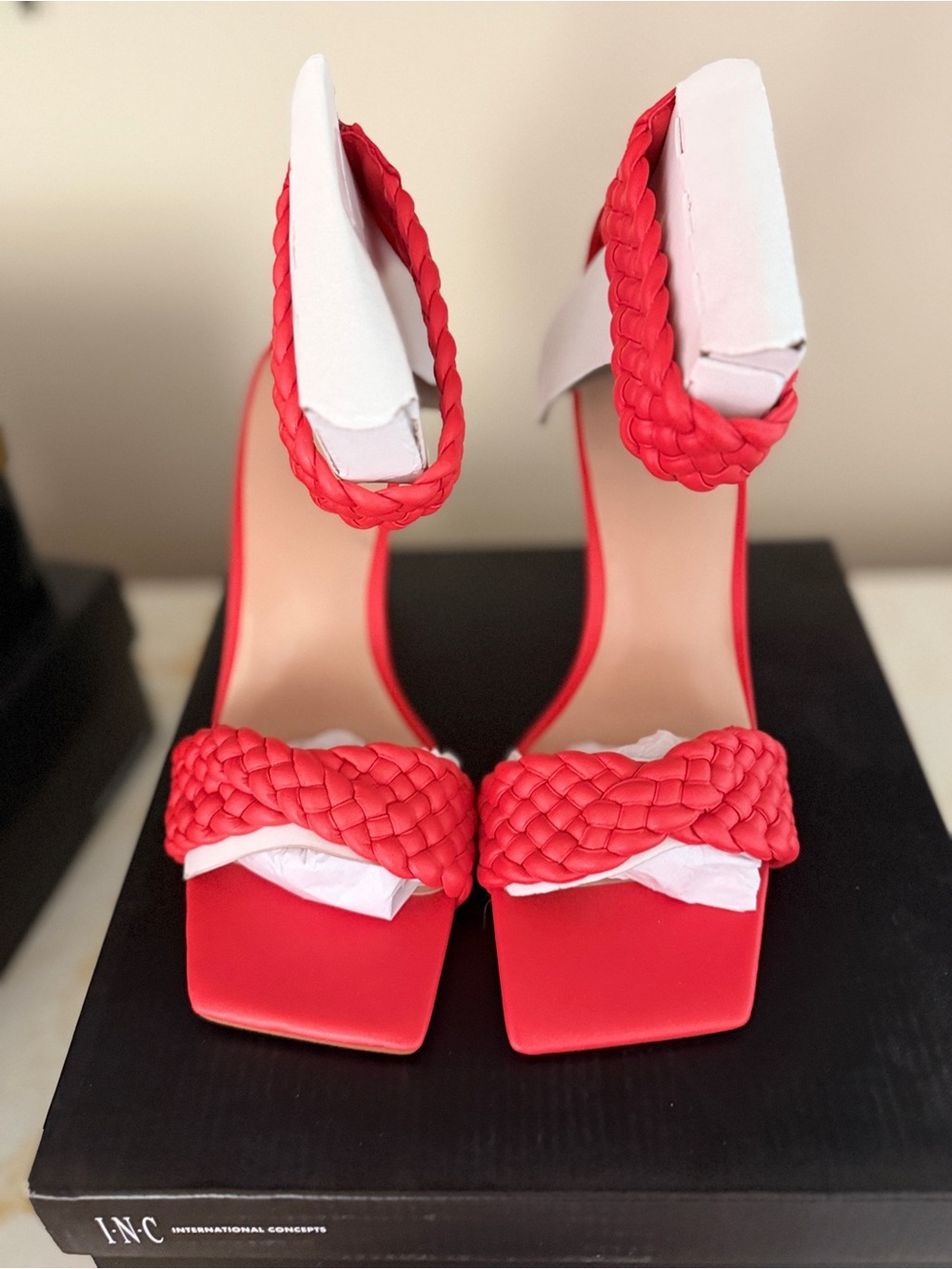 INC International Concepts Red Braided Ankle-Strap High Heels